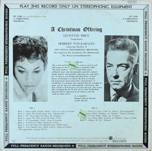 Leontyne Price And Herbert von Karajan, The Vienna Philharmonic Orchestra And Chorus* : A Christmas Offering (LP, Album, Blu)