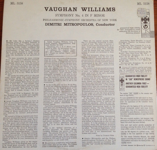 Vaughan Williams*, Philharmonic-Symphony Orchestra Of New York, Dimitri Mitropoulos : Symphony No. 4 In F Minor (LP, Album, Mono)