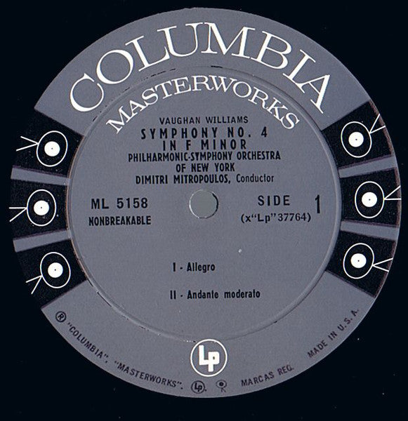 Vaughan Williams*, Philharmonic-Symphony Orchestra Of New York, Dimitri Mitropoulos : Symphony No. 4 In F Minor (LP, Album, Mono)