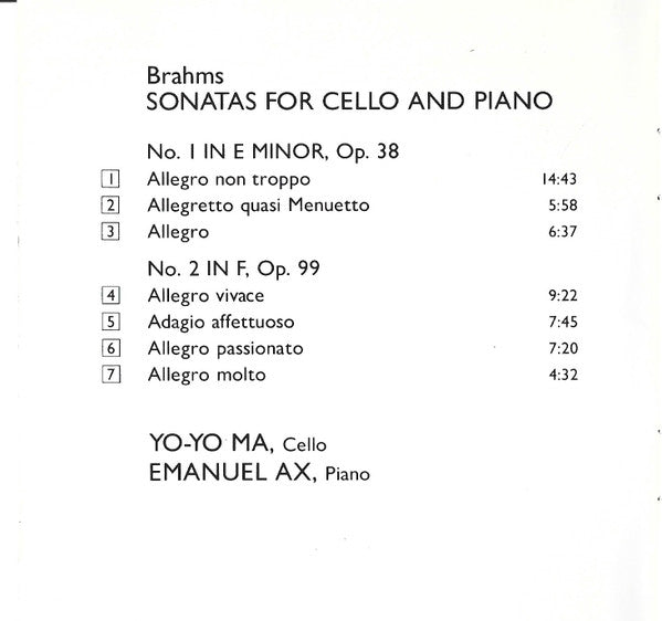 Brahms*, Yo-Yo Ma, Emanuel Ax : Sonatas For Cello And Piano (CD, Album)