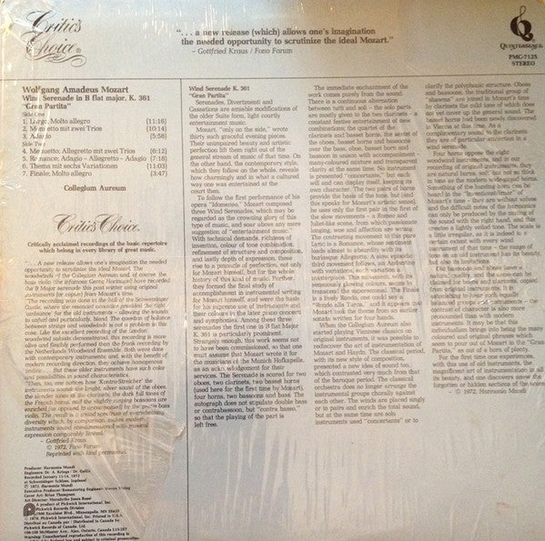 Wolfgang Amadeus Mozart, Collegium Aureum : Wind Serenade In B Flat Major, K. 361 "Gran Partita" (LP)