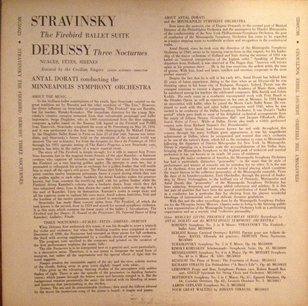 Stravinsky* / Debussy* - Antal Dorati, Minneapolis Symphony Orchestra : The Firebird Ballet Suite / Three Nocturnes (LP, Mono)