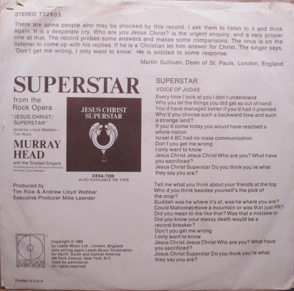 Murray Head With The Trinidad Singers / The Andrew Lloyd Webber Orchestra : Superstar / John Nineteen Forty-One (7", Single, Pin)