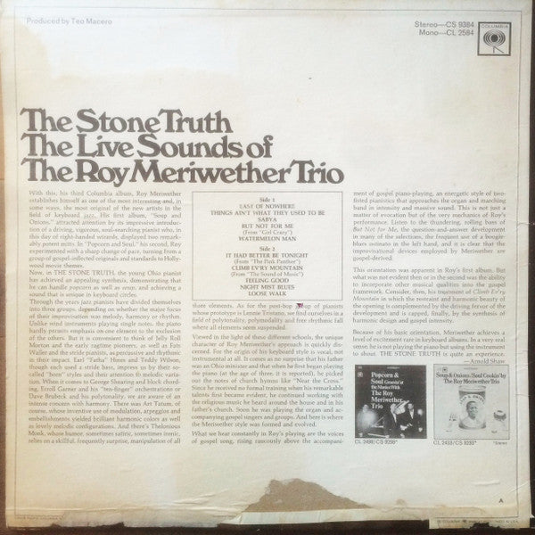 The Roy Meriwether Trio : The Stone Truth (LP, Mono, Promo)