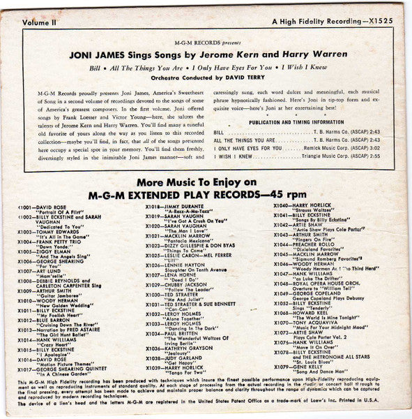 Joni James : Sings Songs By Jerome Kern And Songs By Harry Warren (Vol. 2) (7", EP)