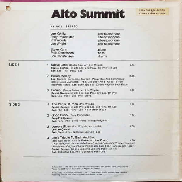 Lee Konitz / Pony Poindexter / Phil Woods / Leo Wright : Alto Summit (LP, Album)