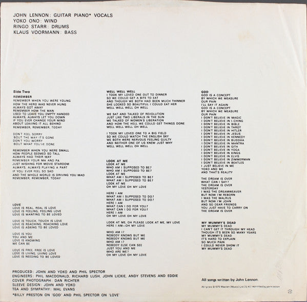 John Lennon / Plastic Ono Band* : John Lennon / Plastic Ono Band (LP, Album, Win)