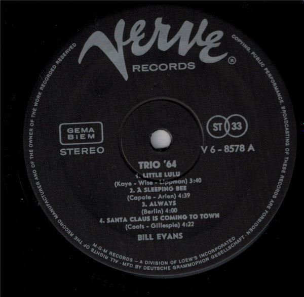 Bill Evans : Trio 64 (LP, Album, RE, Gat)
