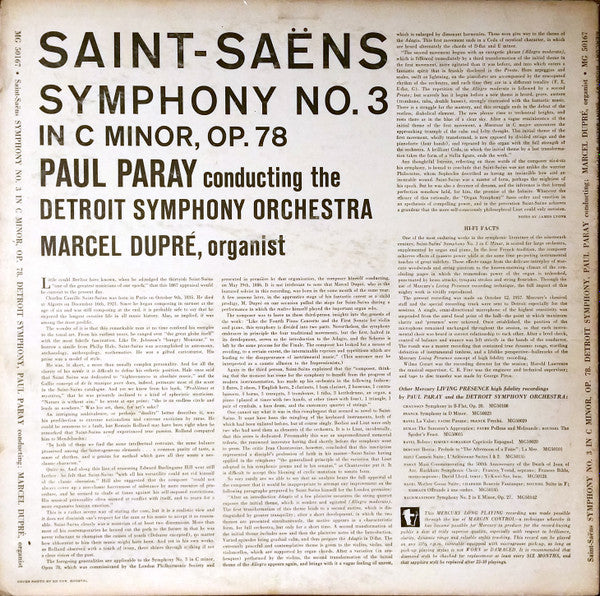 Saint-Saëns*, Marcel Dupré, Paul Paray, Detroit Symphony Orchestra : Symphony  No. 3 In C Minor, Op. 78 (LP, Mono)