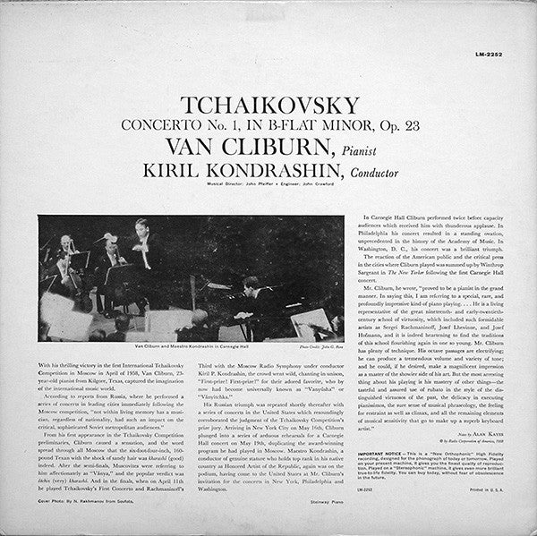 Tchaikovsky*, Van Cliburn, Kiril Kondrashin : Concerto No. 1 (LP, Album, Mono, RP, Ind)