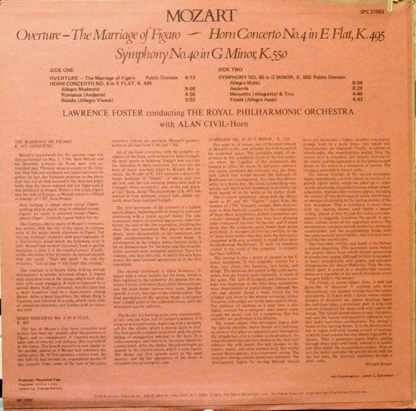 Wolfgang Amadeus Mozart, Lawrence Foster, Royal Philharmonic Orchestra : Overture The Marriage Of Figaro / Horn Concerto No. 4 In E Flat, K. 495 / Symphony No.  40 In G Minor, K 550 (LP)