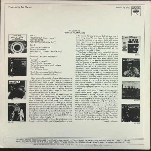 Miles Davis : Filles De Kilimanjaro (LP, Album, RE, Car)