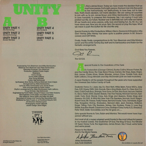 Afrika Bambaataa & The Godfather Of Soul James Brown* : Unity (12", Single)