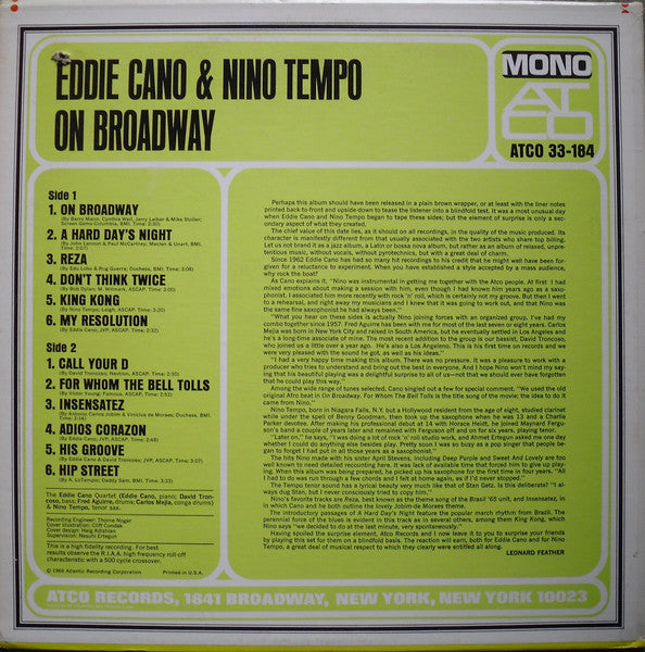 Eddie Cano & Nino Tempo : Eddie Cano & Nino Tempo On Broadway (LP, Album, Mono)