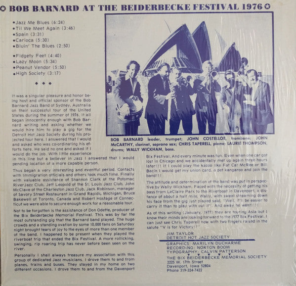 Bob Barnard And His Australian Jazz Band* : Bob Barnard And His Australian Jazz Band At The Beiderbecke Festival 1976 (LP)