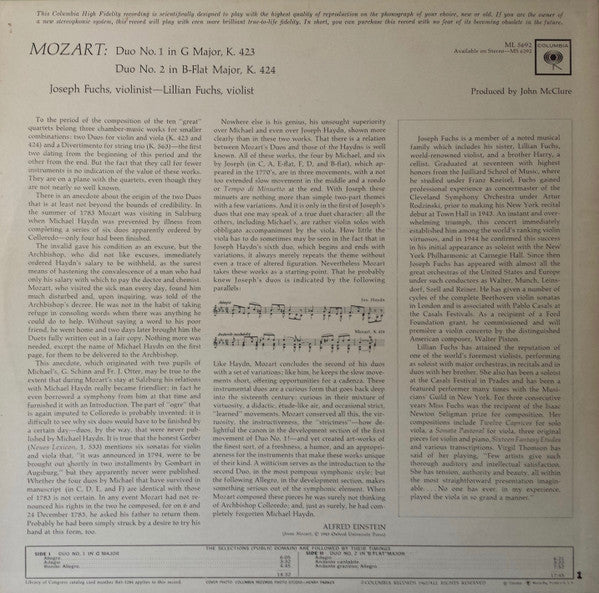 Mozart*, Joseph Fuchs, Lillian Fuchs : Duo N°1 K.423 & Duo N°2 K.424 (LP)