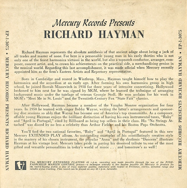 Richard Hayman And His Orchestra : Ruby / Dansero / Anna / April in Portugal (7", Mono)
