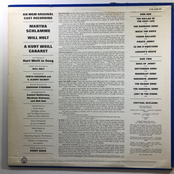 Martha Schlamme, Will Holt : A Kurt Weill Cabaret (LP, Album)