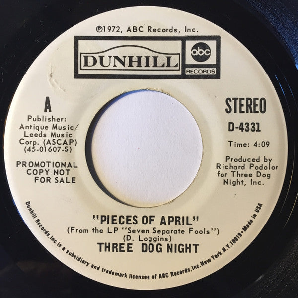 Three Dog Night : Pieces Of April (7", Mono, Promo)