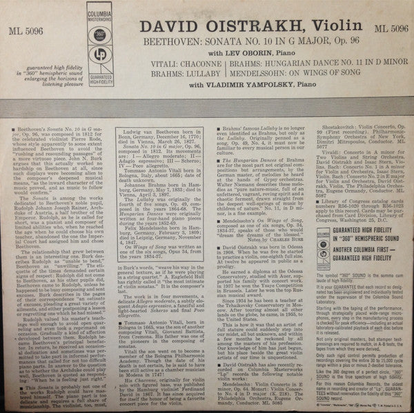 David Oistrach, Various : Beethoven: Sonata No. 10 In G Major, Op. 96 / Vitali: Chaconne / Brahms: Lullaby & Hungarian Dance No. 11 In D Minor / Mendelssohn: On Wings Of Song (LP, Mono)