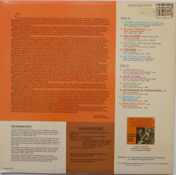 Coleman Hawkins, Lester Young, Eddie "Lockjaw" Davis, Julian Dash : Classic Tenors Volume 2 (LP, Comp, Mono, Promo)