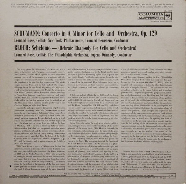 Leonard Rose, Schumann*, Leonard Bernstein, New York Philharmonic, Bloch*, Eugene Ormandy, The Philadelphia Orchestra : Cello Concerto / Schelomo - (Rhapsody For Cello And Orchestra) (LP, Mono)