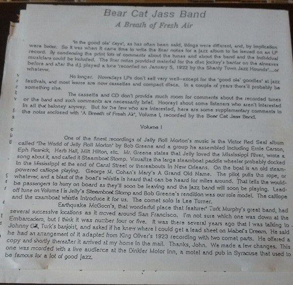 Bear Cat Jass Band : A Breath Of Fresh Air Volume II (CD, Album)