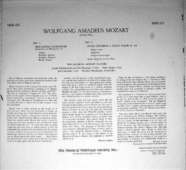 Wolfgang Amadeus Mozart : Eine Kleine Nachtmusik, Piano Concerto K.449 (LP)