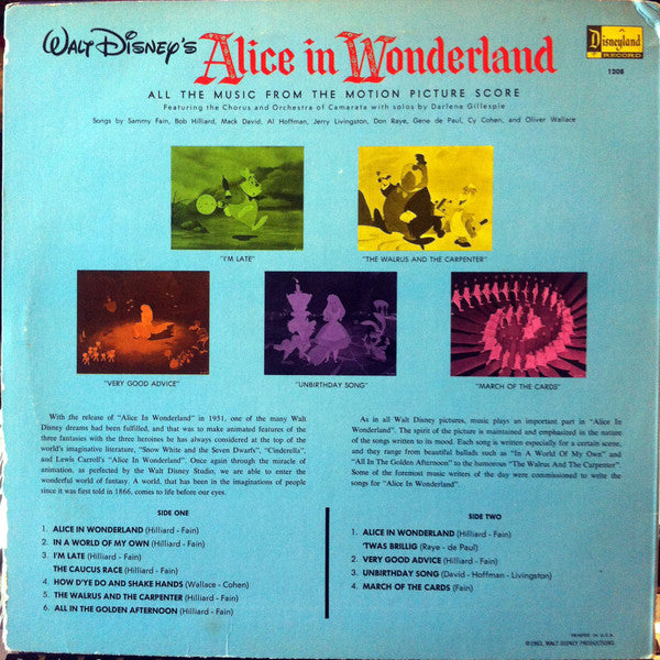 Camarata Chorus And Orchestra : Walt Disney's Alice In Wonderland - All The Songs From The Original Motion Picture Soundtrack (LP, Album, RE, RP)