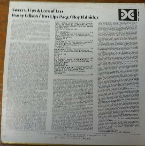 Harry Edison / Hot Lips Page / Roy Eldridge : Sweets, Lips & Lots Of Jazz (LP, Album, Mono, RM)