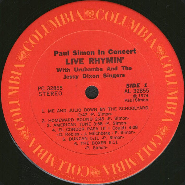 Paul Simon With Urubamba And The Jessy Dixon Singers : Paul Simon In Concert Live Rhymin' (LP, Album, Pit)