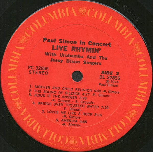 Paul Simon With Urubamba And The Jessy Dixon Singers : Paul Simon In Concert Live Rhymin' (LP, Album, Pit)