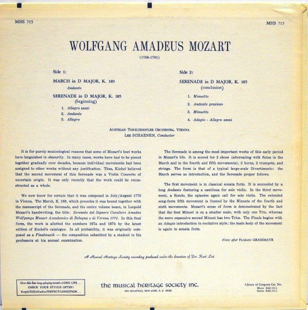 Austrian Tonkuenstler Orchestra, Vienna*, Lee Schaenen : Wolfgang Amadeus Mozart: March, K. 189; Serenade In D Major, K. 185 (LP, Album)