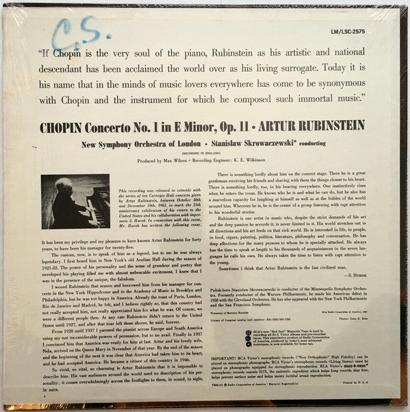 Rubinstein*, Chopin*, New Symphony Orchestra Of London*, Stanislaw Skrowaczewski : Concerto No. 1 (LP, RE, Ind)