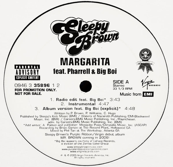 Sleepy Brown feat. Pharrell* & Big Boi : Margarita (12", Promo)