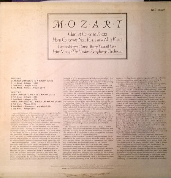 Mozart*, Barry Tuckwell, Gervase de Peyer, Peter Maag, London Symphony Orchestra : Clarinet Concerto / Horn Concertos Nos. 1 & 3 (LP, Album, RE)