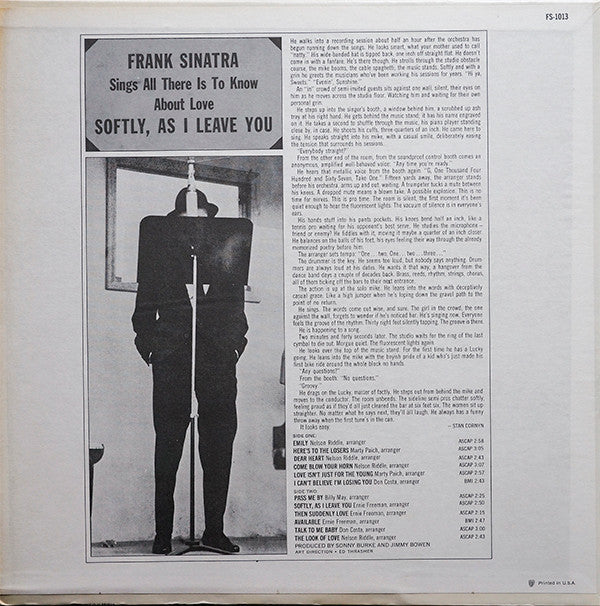 Frank Sinatra : Softly, As I Leave You (LP, Album, RP)