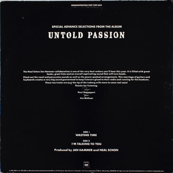 Neal Schon And Jan Hammer* : Special Advance Selections From The Album Untold Passion (12", Promo)