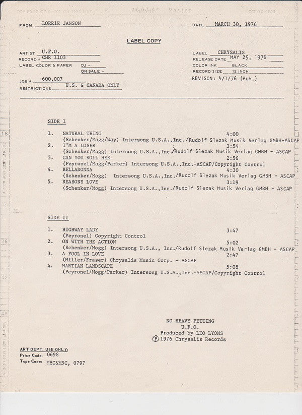 UFO (5) : No Heavy Petting (LP, Album, Win)