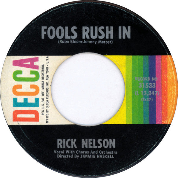 Rick Nelson* : Fools Rush In / Down Home (7", Single, Pin)