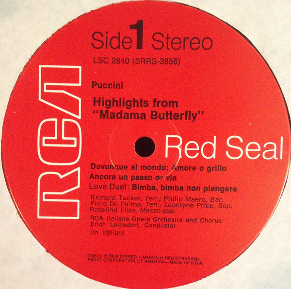 Leontyne Price, Richard Tucker (2), Rosalind Elias, Philip Maero, Erich Leinsdorf : Highlights From Madama Butterfly (LP, RE)