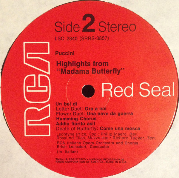 Leontyne Price, Richard Tucker (2), Rosalind Elias, Philip Maero, Erich Leinsdorf : Highlights From Madama Butterfly (LP, RE)