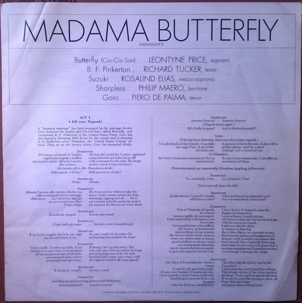 Leontyne Price, Richard Tucker (2), Rosalind Elias, Philip Maero, Erich Leinsdorf : Highlights From Madama Butterfly (LP, RE)