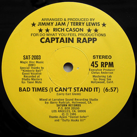 Captain Rapp / Kimberly Ball : Bad Times (I Can't Stand It) (12", RP)