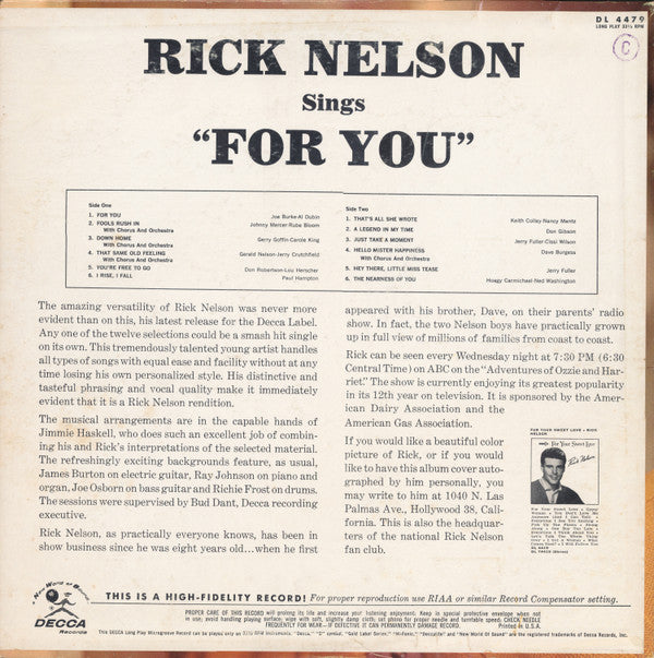 Rick Nelson* : Rick Nelson Sings "For You" (LP, Album, Mono, Pin)