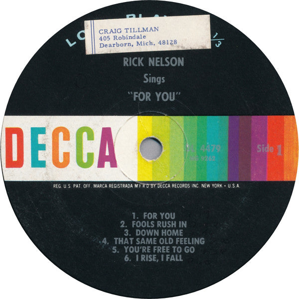 Rick Nelson* : Rick Nelson Sings "For You" (LP, Album, Mono, Pin)