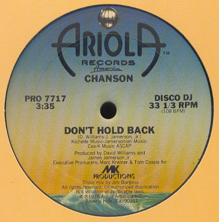 Chanson : Don't Hold Back (12", Promo)