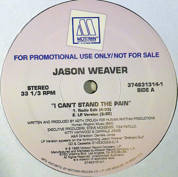 Jason Weaver : I Can't Stand The Pain (12", Promo)