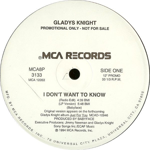 Gladys Knight : I Don't Want To Know (12", Single, Promo)