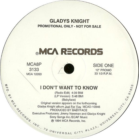 Gladys Knight : I Don't Want To Know (12", Single, Promo)